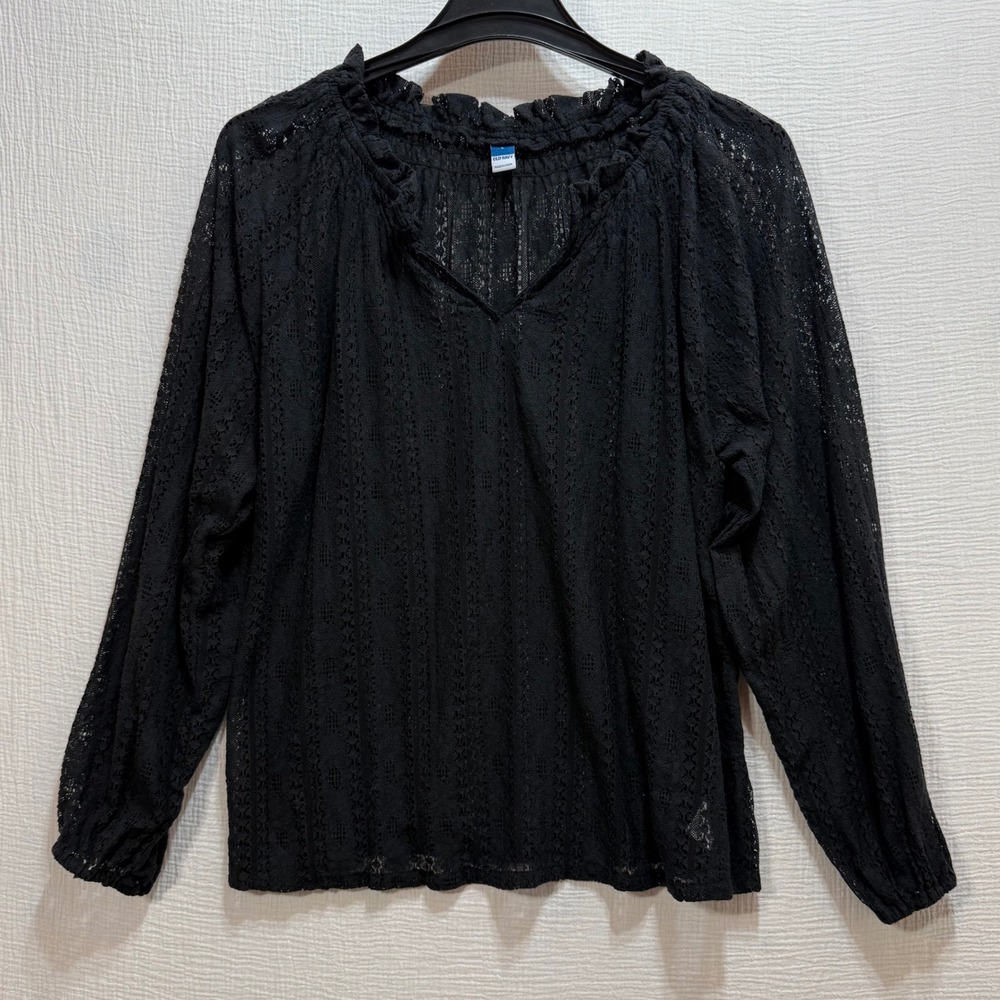 Old Navy Lace‎ Blouse Womens L Black Boho Ruffle V-Neck Sheer Long Sleeve Gothic